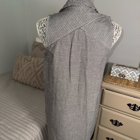 Mod Ref 100% cotton Linen look grayish black & white striped dress Sz small - Picture 4 of 11